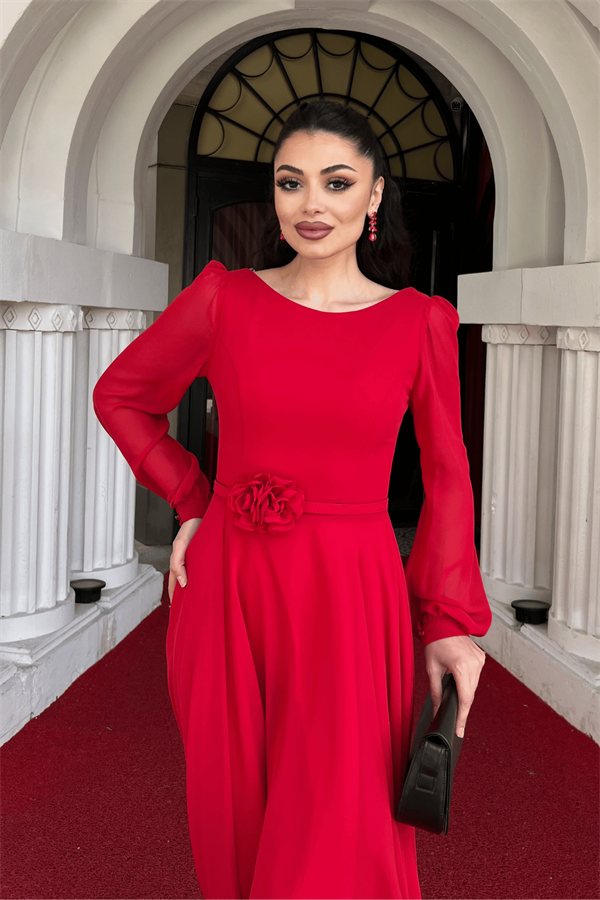 Sifon Kumaş Çiçek Detaylı Midi Elbise - KIRMIZI - 4