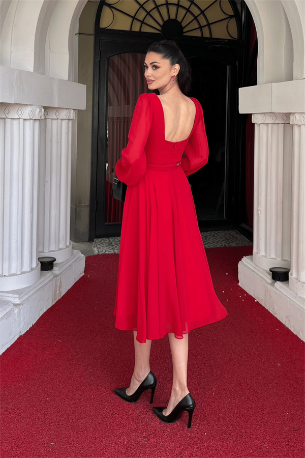 Sifon Kumaş Çiçek Detaylı Midi Elbise - KIRMIZI - 5
