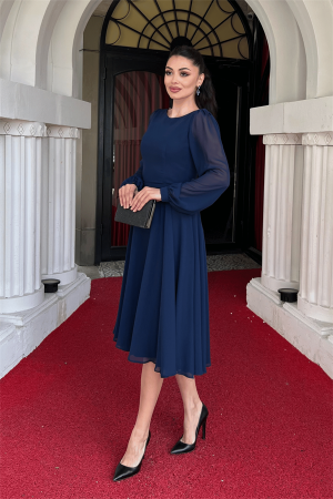 Sifon Kumaş Çiçek Detaylı Midi Elbise - LACİVERT - Angelino Moda (1)