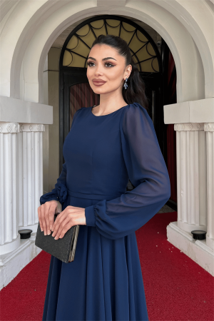 Sifon Kumaş Çiçek Detaylı Midi Elbise - LACİVERT - 4