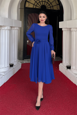 Sifon Kumaş Çiçek Detaylı Midi Elbise - SAKS MAVİ - Angelino Moda
