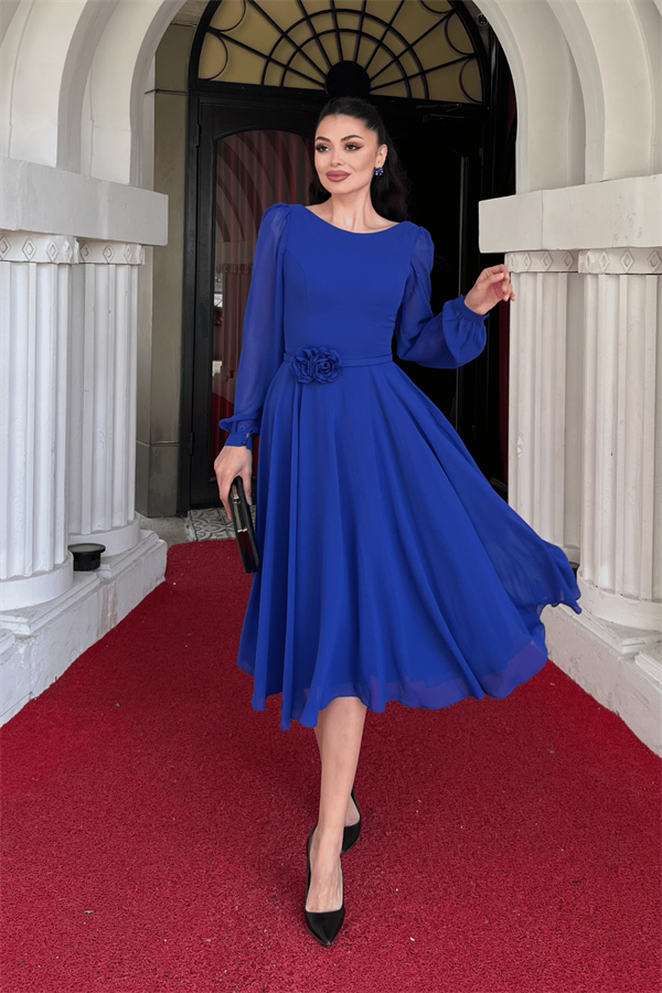 Sifon Kumaş Çiçek Detaylı Midi Elbise - SAKS MAVİ - 2