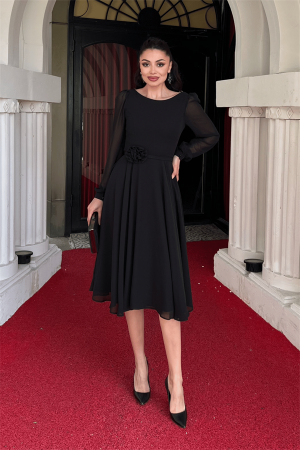 Sifon Kumaş Çiçek Detaylı Midi Elbise - SİYAH - Angelino Moda