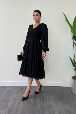 Şifon Kumaş İnci Detaylı Midi Elbise - SİYAH - Angelino Moda