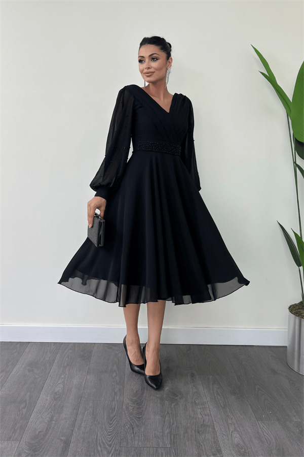 Şifon Kumaş İnci Detaylı Midi Elbise - SİYAH - 2