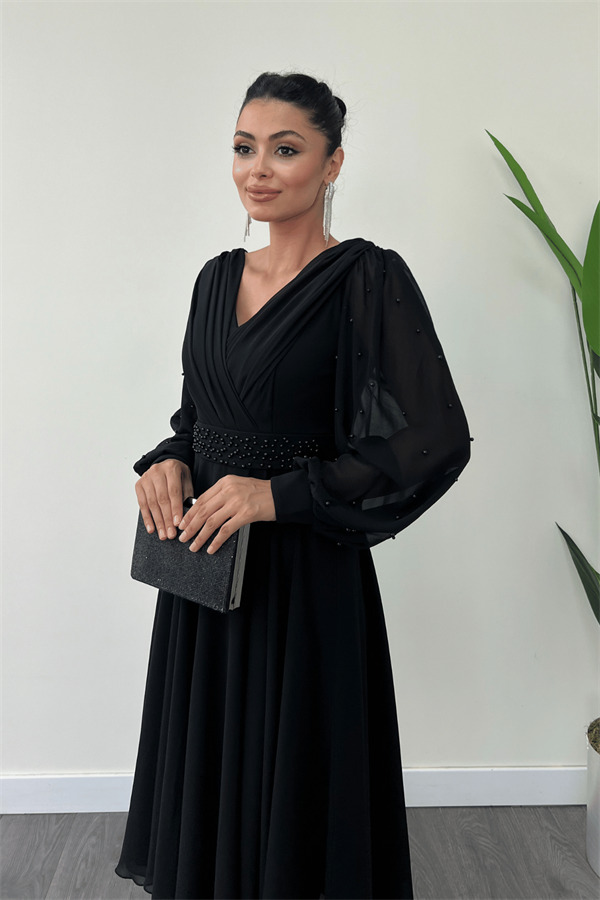 Şifon Kumaş İnci Detaylı Midi Elbise - SİYAH - 3