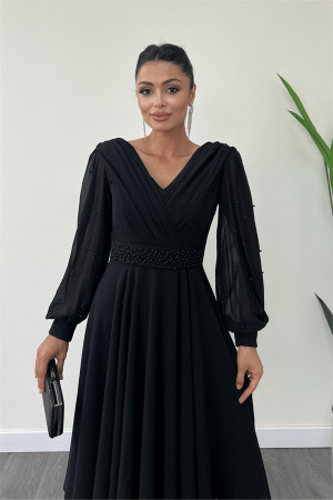 Şifon Kumaş İnci Detaylı Midi Elbise - SİYAH - 4