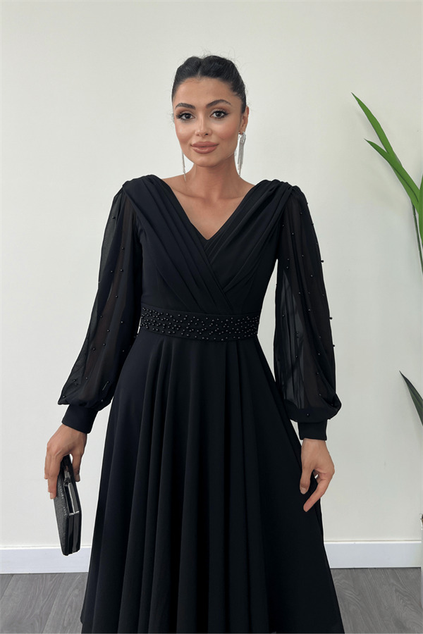 Şifon Kumaş İnci Detaylı Midi Elbise - SİYAH - 4