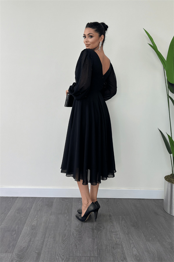 Şifon Kumaş İnci Detaylı Midi Elbise - SİYAH - 5