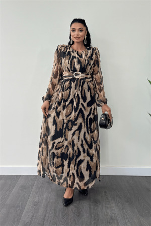 Şifon Kumaş Kemer Detaylı Maxi Elbise - KAHVERENGİ - Angelino Moda