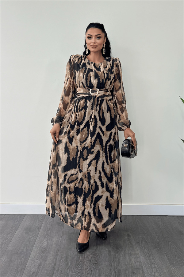 Şifon Kumaş Kemer Detaylı Maxi Elbise - KAHVERENGİ - 1