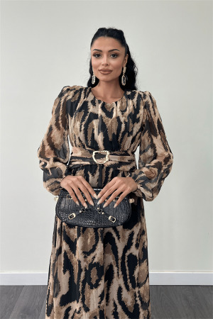 Şifon Kumaş Kemer Detaylı Maxi Elbise - KAHVERENGİ - 4