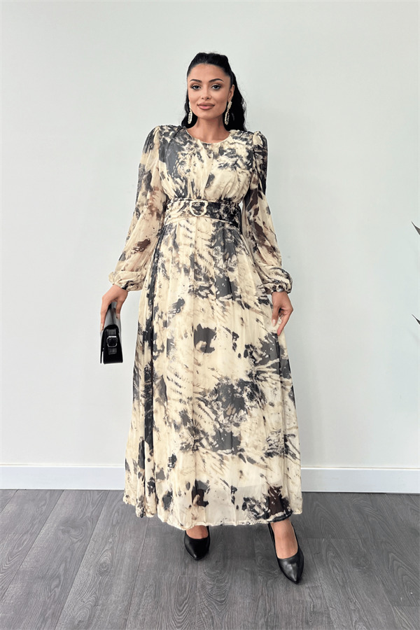 Şifon Kumaş Kemer Detaylı Maxi Elbise - KREM - 1