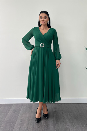 Şifon Kumaş Kemer Detaylı Midi Elbise - ZÜMRÜT YEŞİL - Angelino Moda