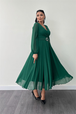 Şifon Kumaş Kemer Detaylı Midi Elbise - ZÜMRÜT YEŞİL - Angelino Moda (1)