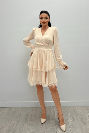 Sifon Kumaş Kruvaze Yaka Mini Elbise - KREM - 1