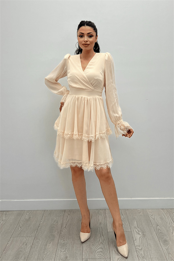 Sifon Kumaş Kruvaze Yaka Mini Elbise - KREM - 1