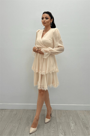 Sifon Kumaş Kruvaze Yaka Mini Elbise - KREM - 2