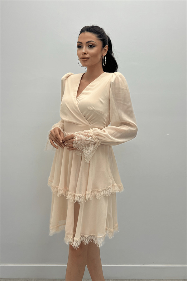 Sifon Kumaş Kruvaze Yaka Mini Elbise - KREM - 3