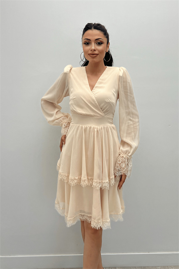 Sifon Kumaş Kruvaze Yaka Mini Elbise - KREM - 4