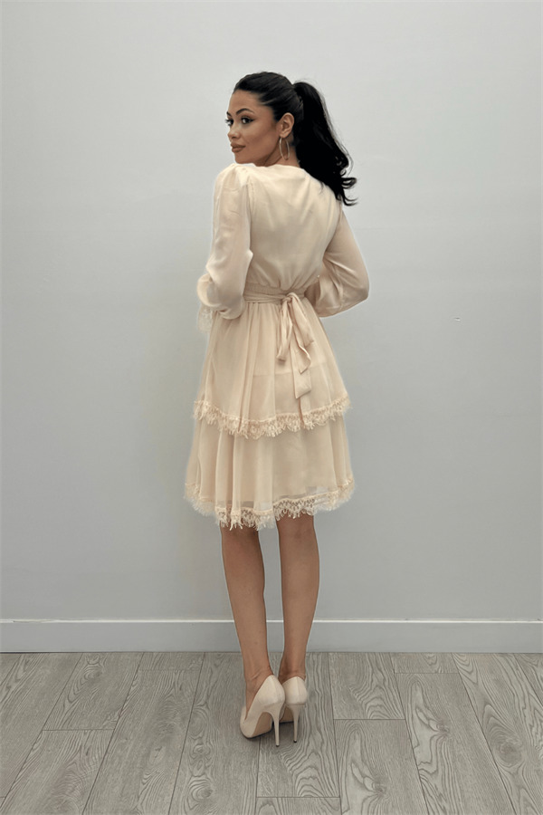 Sifon Kumaş Kruvaze Yaka Mini Elbise - KREM - 5