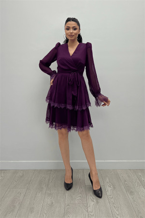 Sifon Kumaş Kruvaze Yaka Mini Elbise - PATLICAN MOR - 1