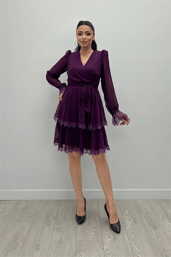 Sifon Kumaş Kruvaze Yaka Mini Elbise - PATLICAN MOR - 1