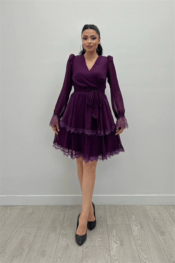 Sifon Kumaş Kruvaze Yaka Mini Elbise - PATLICAN MOR - 2
