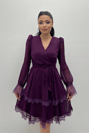 Sifon Kumaş Kruvaze Yaka Mini Elbise - PATLICAN MOR - 3