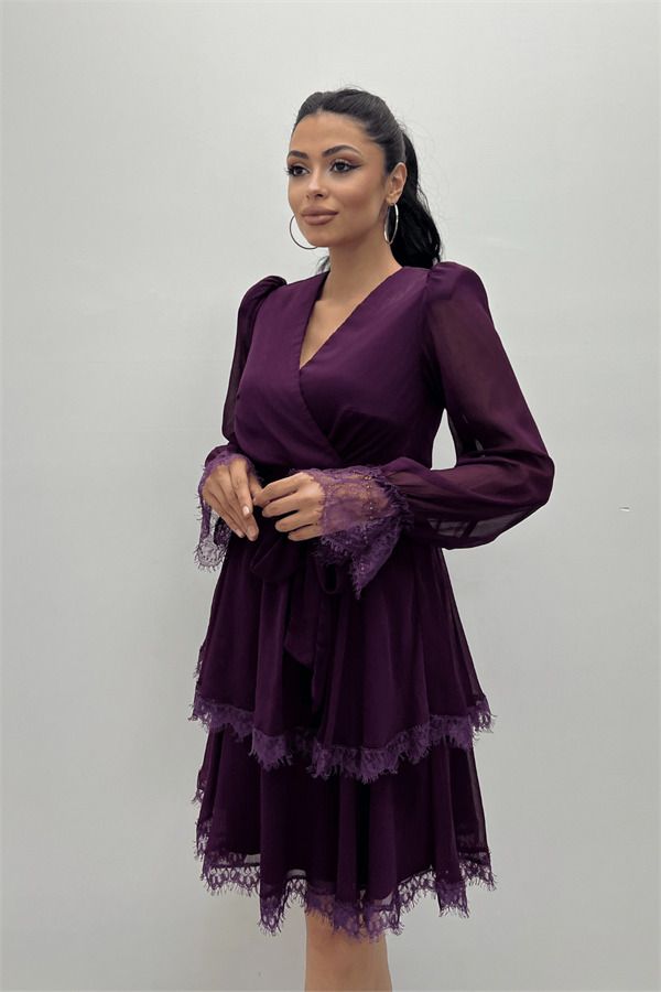 Sifon Kumaş Kruvaze Yaka Mini Elbise - PATLICAN MOR - 4