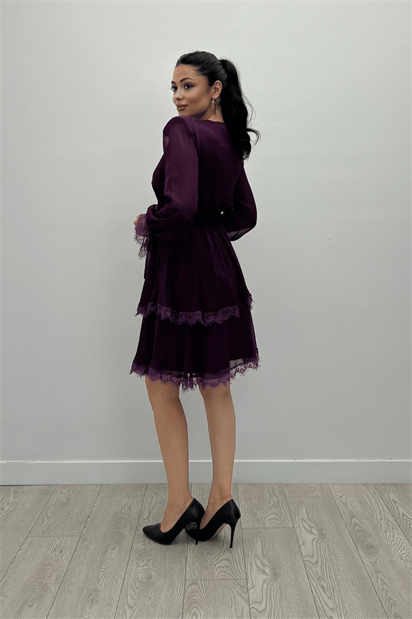 Sifon Kumaş Kruvaze Yaka Mini Elbise - PATLICAN MOR - 5