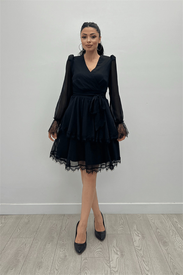 Sifon Kumaş Kruvaze Yaka Mini Elbise - SİYAH - 1