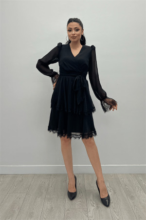 Sifon Kumaş Kruvaze Yaka Mini Elbise - SİYAH - 2