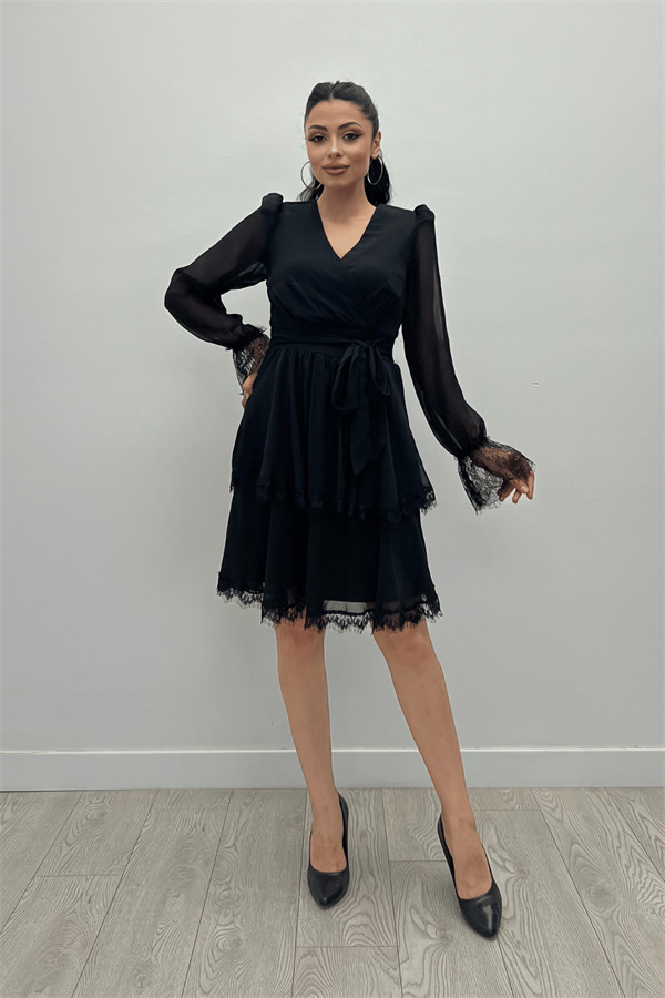 Sifon Kumaş Kruvaze Yaka Mini Elbise - SİYAH - 2