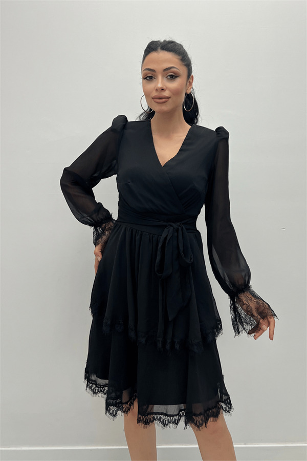 Sifon Kumaş Kruvaze Yaka Mini Elbise - SİYAH - 3