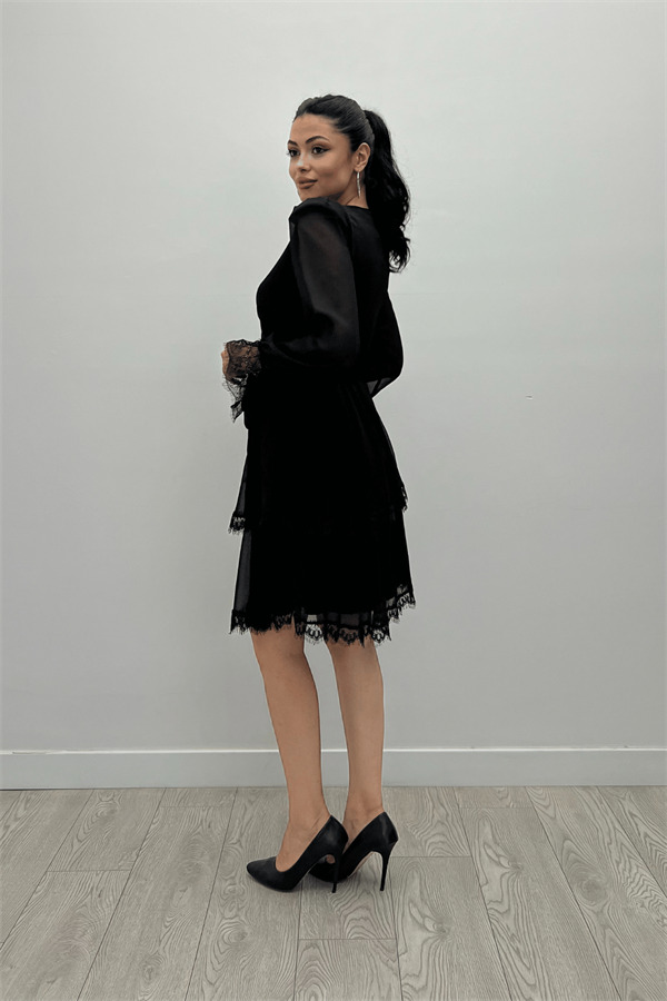 Sifon Kumaş Kruvaze Yaka Mini Elbise - SİYAH - 5