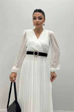 Şifon Kumaş Kruvaze Yaka Pliseli Elbise - BEYAZ - 3