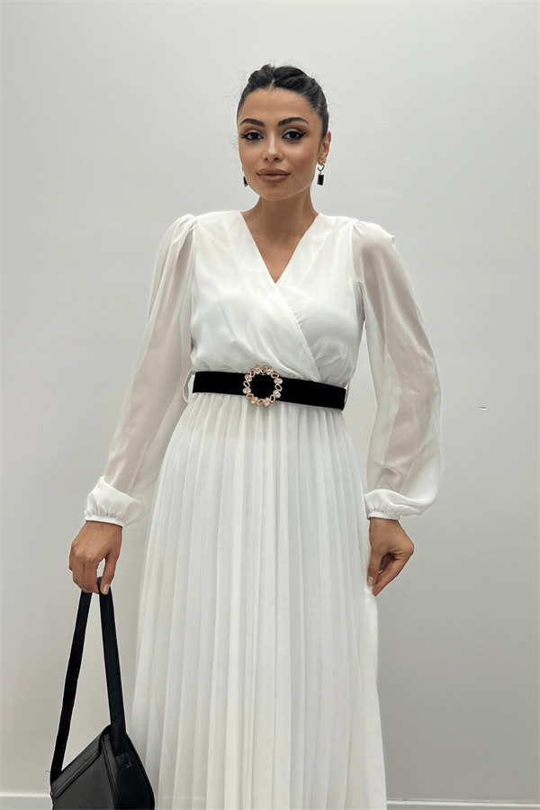 Şifon Kumaş Kruvaze Yaka Pliseli Elbise - BEYAZ - 3