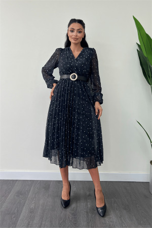 Şifon Kumaş Kruvaze Yaka Puantiye Detaylı Elbise - SİYAH - Angelino Moda