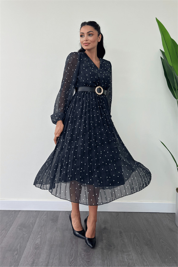 Şifon Kumaş Kruvaze Yaka Puantiye Detaylı Elbise - SİYAH - 2