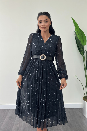 Şifon Kumaş Kruvaze Yaka Puantiye Detaylı Elbise - SİYAH - 3