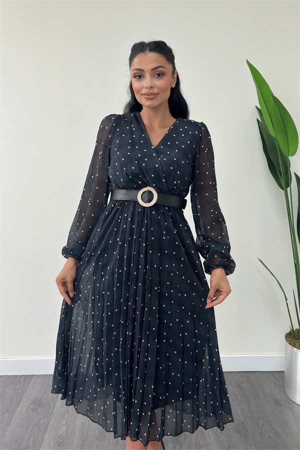 Şifon Kumaş Kruvaze Yaka Puantiye Detaylı Elbise - SİYAH - 3