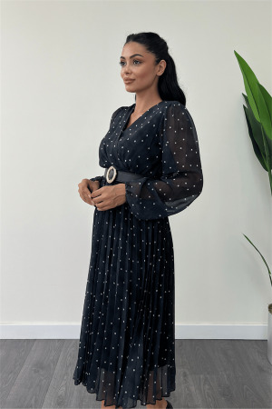 Şifon Kumaş Kruvaze Yaka Puantiye Detaylı Elbise - SİYAH - 4