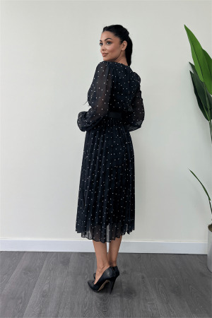 Şifon Kumaş Kruvaze Yaka Puantiye Detaylı Elbise - SİYAH - 5