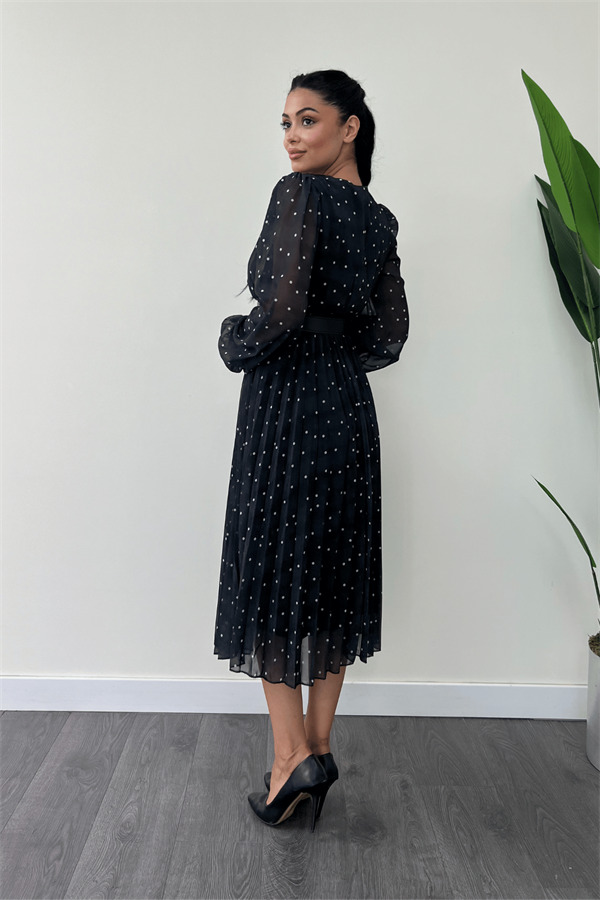 Şifon Kumaş Kruvaze Yaka Puantiye Detaylı Elbise - SİYAH - 5