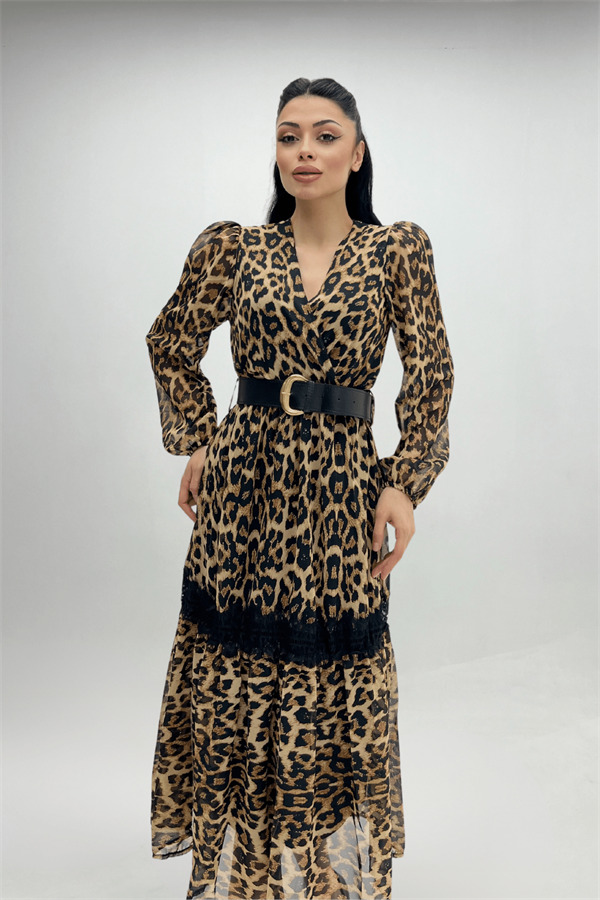 Şifon Kumaş Leopar Desenli Midi Elbise - LEOPAR - 1