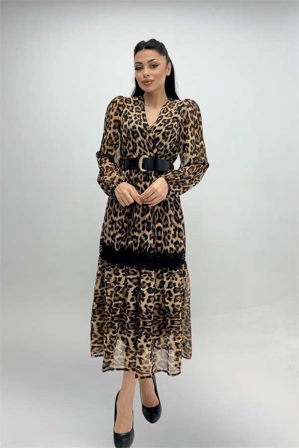Şifon Kumaş Leopar Desenli Midi Elbise - LEOPAR - 2