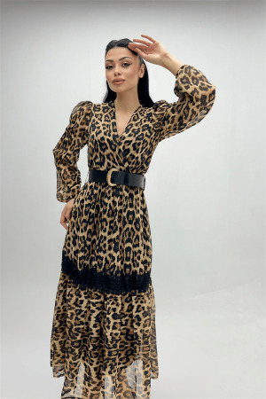 Şifon Kumaş Leopar Desenli Midi Elbise - LEOPAR - 3