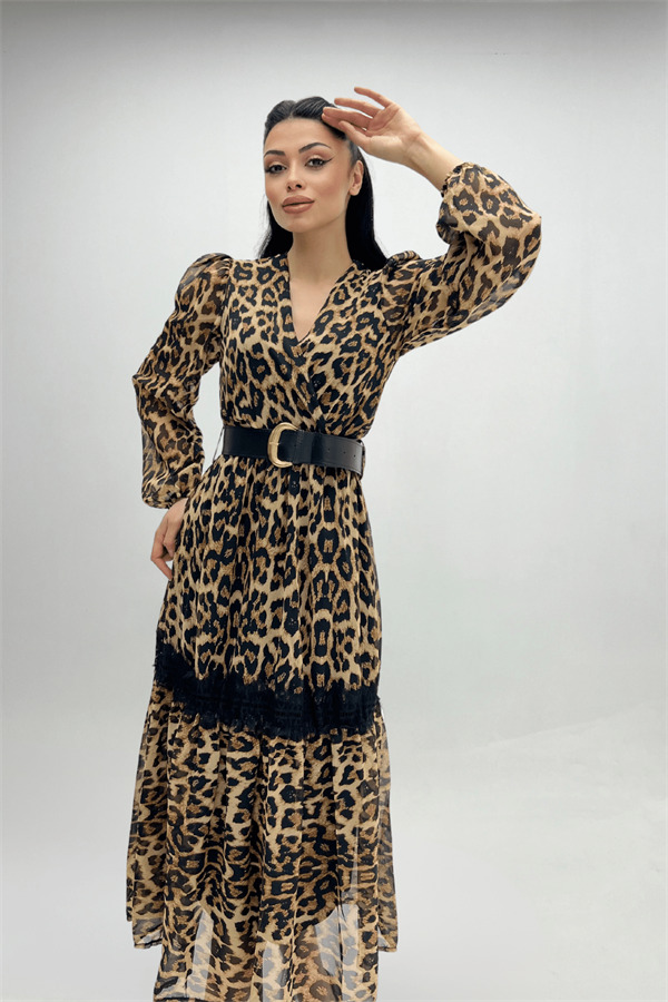Şifon Kumaş Leopar Desenli Midi Elbise - LEOPAR - 3