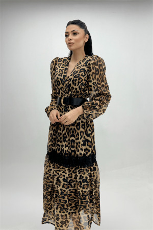 Şifon Kumaş Leopar Desenli Midi Elbise - LEOPAR - 4